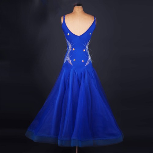 Royal blue diamond sleeveless competition performance full skirted  ballroom waltz tango dance dresses